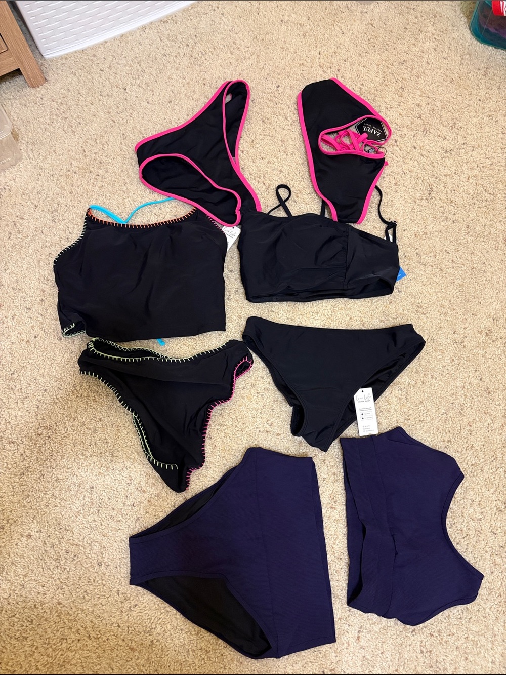 2 Cupshe, 2 Amazon NWT Bikini Sets: Navy, Black, Black w/ neon edging & stitches